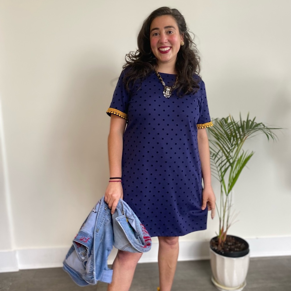 Navy shift dress with yellow trim embellishment